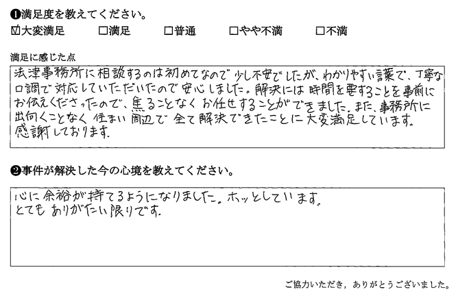 事務所に出向くことなく住まい周辺で全て解決できたことに大変満足しています