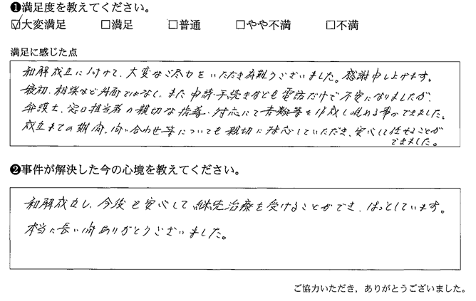 弁護士、窓口担当者の親切な指導・対応にて書類等を作成し進める事が出来ました