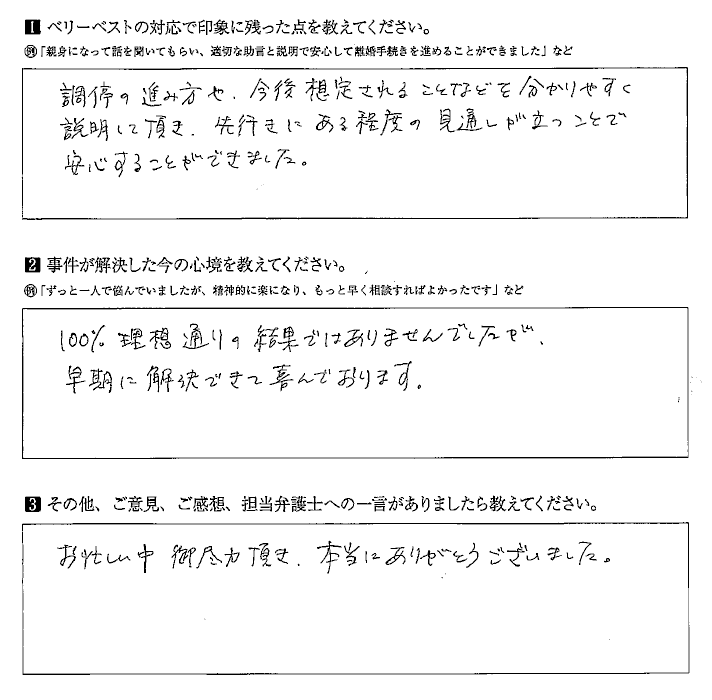 調停の進み方や今後のことを説明して頂き、見通しが立つことで安心することができました